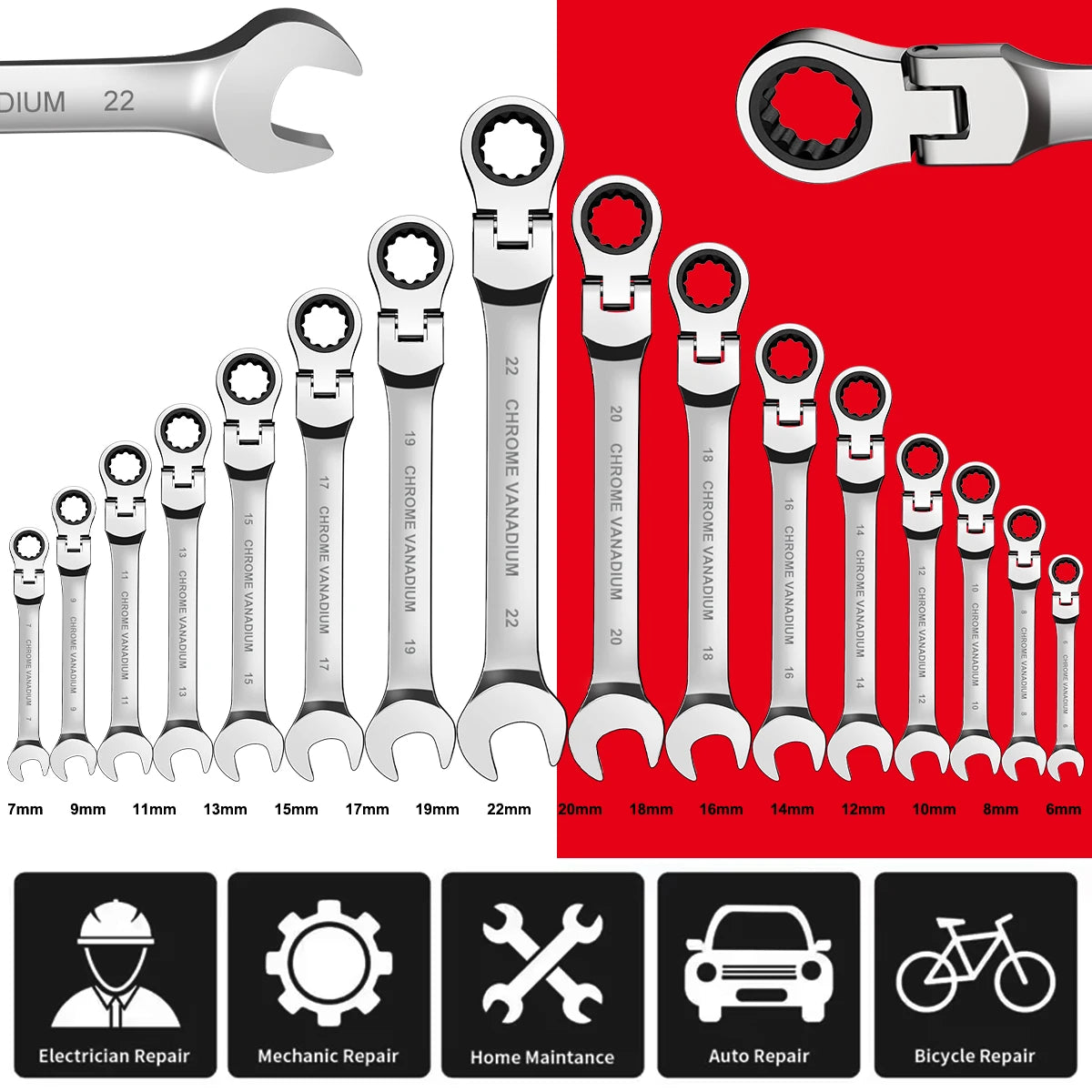 WOZOBUY Flex-Head Ratchet Wrench Set Cr-V Professional-Grade Durable Tools