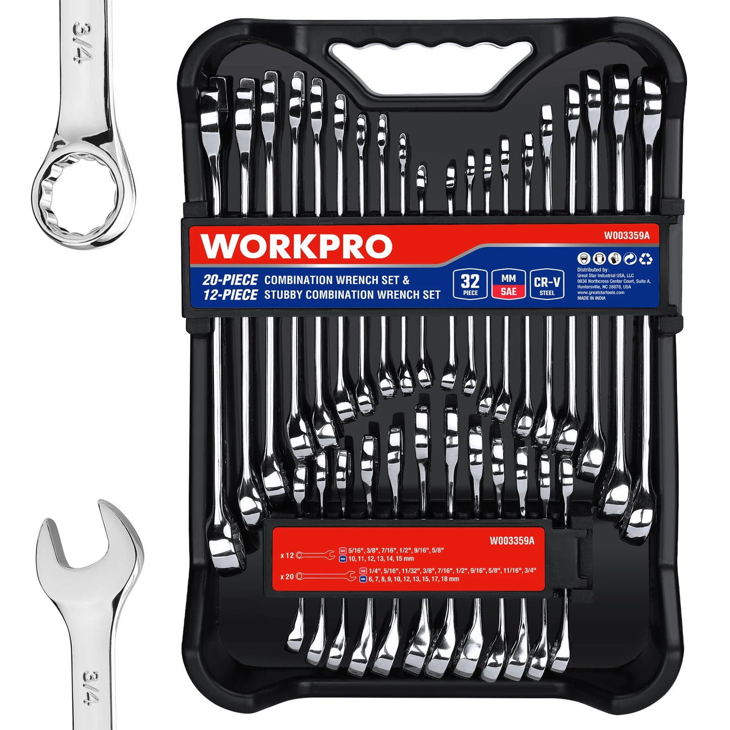 WORKPRO 32-Piece SAE and Metric Wrench Set with Organizer
