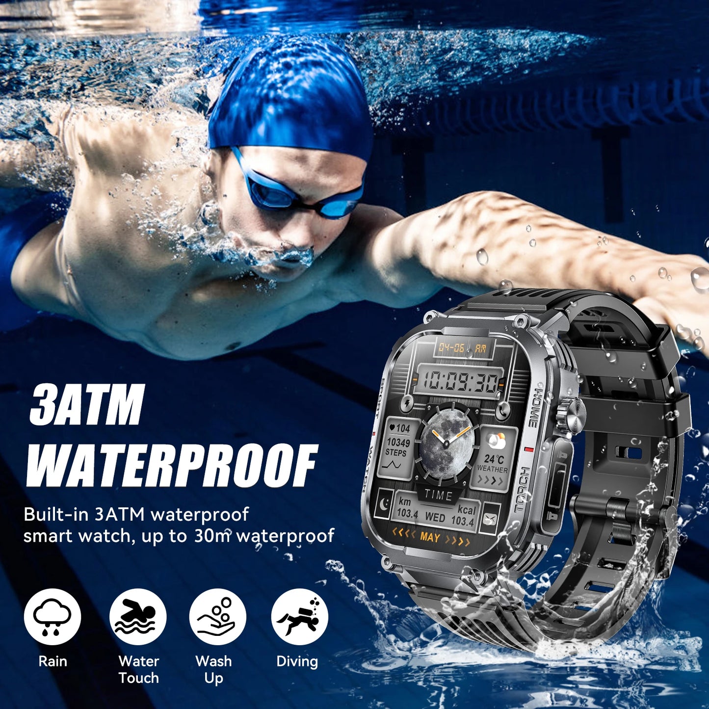 EIGIIS Smartwatch Men 3ATM Waterproof Heart Rate Fitness Tracker