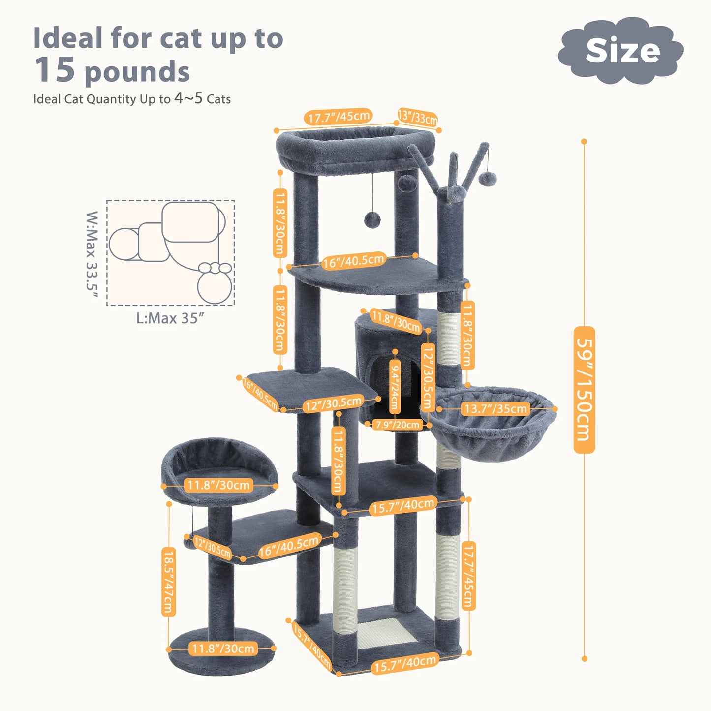PEQULTICN 5-Tier Cat Tree With Scratching Posts And Hammock