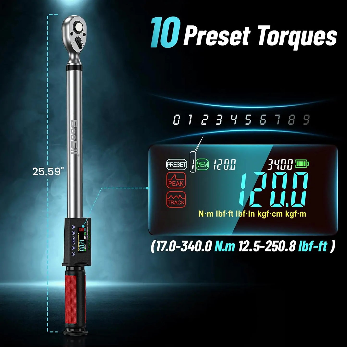 Seesii Digital Torque Wrench Half Inch Drive 340 Nm Adjustable 3 Modes