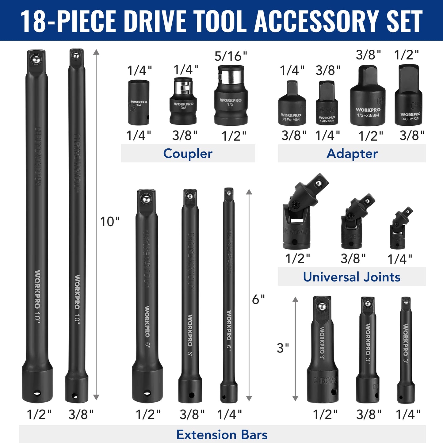 WORKPRO 18Piece Drive Tool Accessory Set with Sockets and Joints