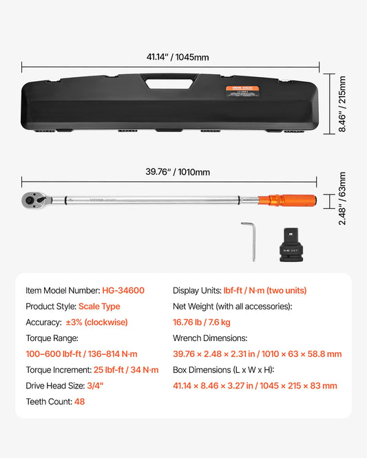 VEVOR Click Torque Wrench Dual-Direction 100-600 Lbf-Ft Alloy Steel Set