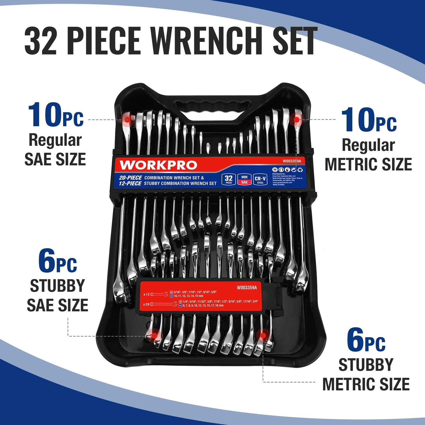 WORKPRO 32-Piece SAE and Metric Wrench Set with Organizer